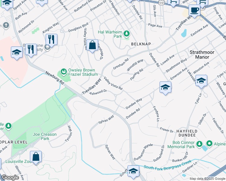 map of restaurants, bars, coffee shops, grocery stores, and more near 2431 Ashwood Drive in Louisville
