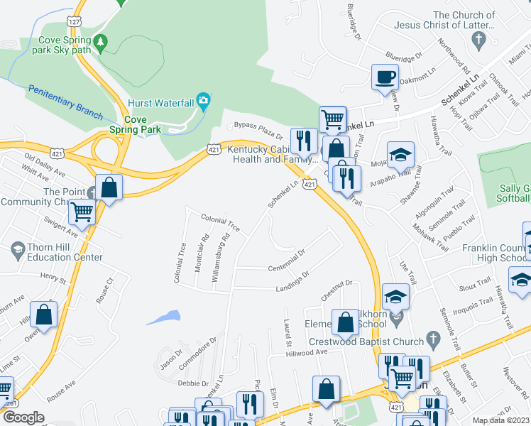 map of restaurants, bars, coffee shops, grocery stores, and more near 501 Schenkel Lane in Frankfort