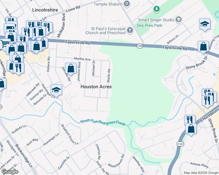 map of restaurants, bars, coffee shops, grocery stores, and more near 3130 Marlin Road in Houston Acres
