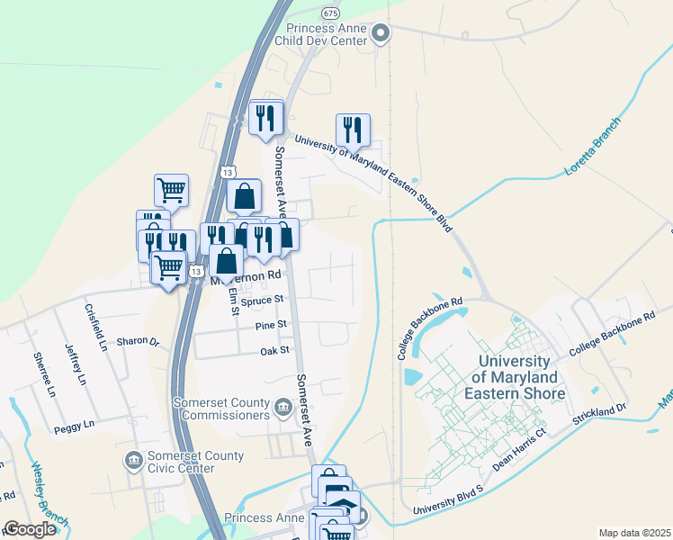 map of restaurants, bars, coffee shops, grocery stores, and more near 12115 South Campus Place in Princess Anne