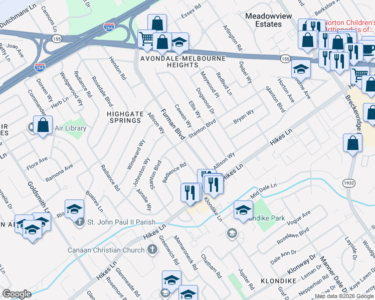 map of restaurants, bars, coffee shops, grocery stores, and more near 3303 Allison Way in Louisville