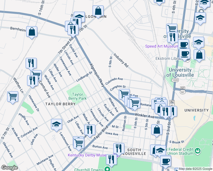 map of restaurants, bars, coffee shops, grocery stores, and more near 813 Algonquin Pkwy in Louisville