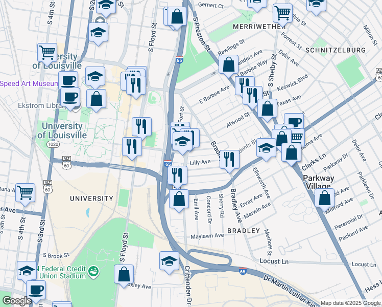 map of restaurants, bars, coffee shops, grocery stores, and more near 504 Warnock Street in Louisville