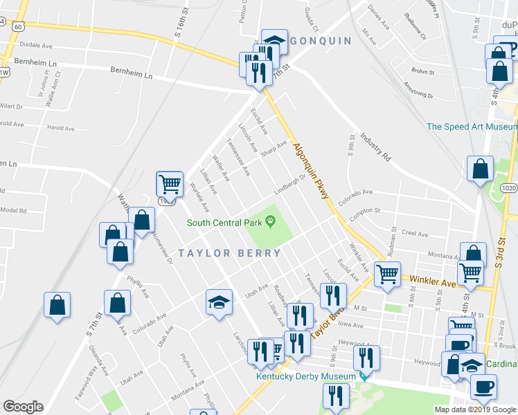 map of restaurants, bars, coffee shops, grocery stores, and more near 2445 Lindbergh Drive in Louisville