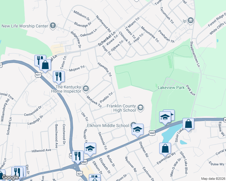 map of restaurants, bars, coffee shops, grocery stores, and more near 302 Hiawatha Trail in Frankfort