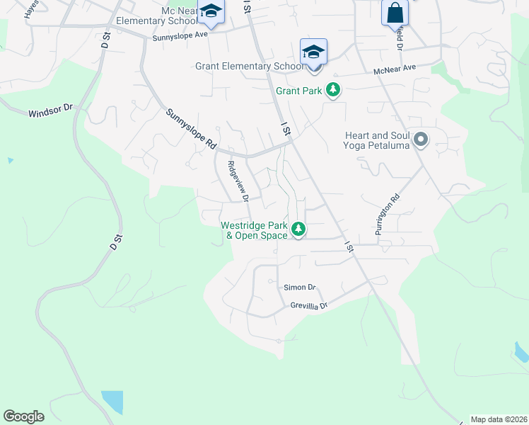 map of restaurants, bars, coffee shops, grocery stores, and more near 195 Eckmann Place in Petaluma