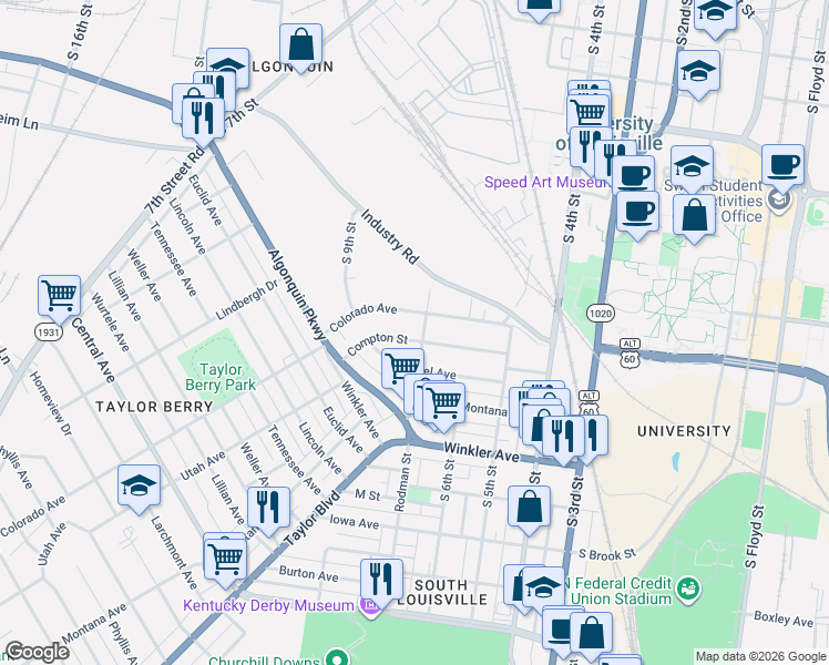 map of restaurants, bars, coffee shops, grocery stores, and more near 712 Compton Street in Louisville