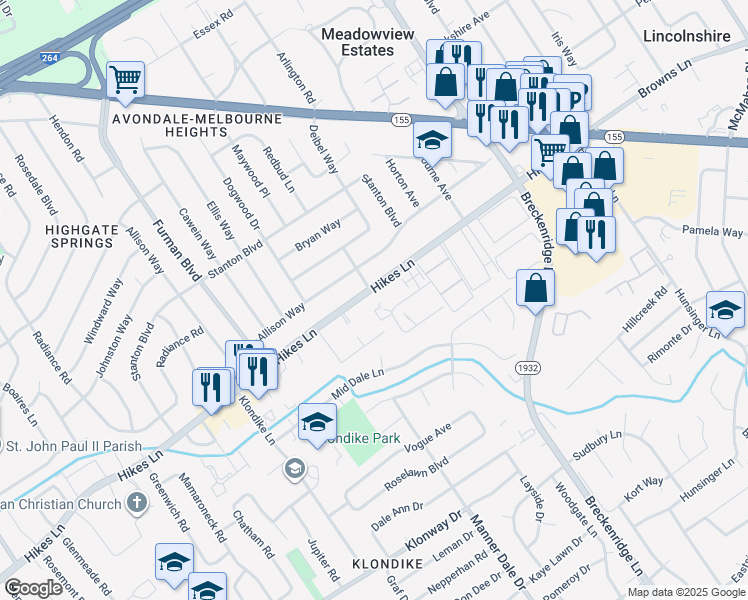 map of restaurants, bars, coffee shops, grocery stores, and more near 3200 Hikes Lane in Louisville