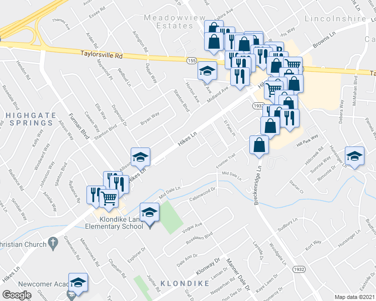 map of restaurants, bars, coffee shops, grocery stores, and more near 3208 Orchard Manor Circle in Louisville