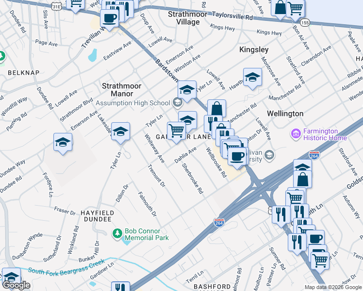 map of restaurants, bars, coffee shops, grocery stores, and more near 2106 Lancashire Avenue in Louisville