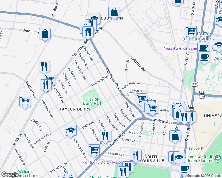 map of restaurants, bars, coffee shops, grocery stores, and more near 1050 Euclid Avenue in Louisville
