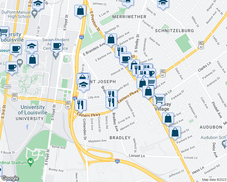 map of restaurants, bars, coffee shops, grocery stores, and more near 601 Presidents Boulevard in Louisville