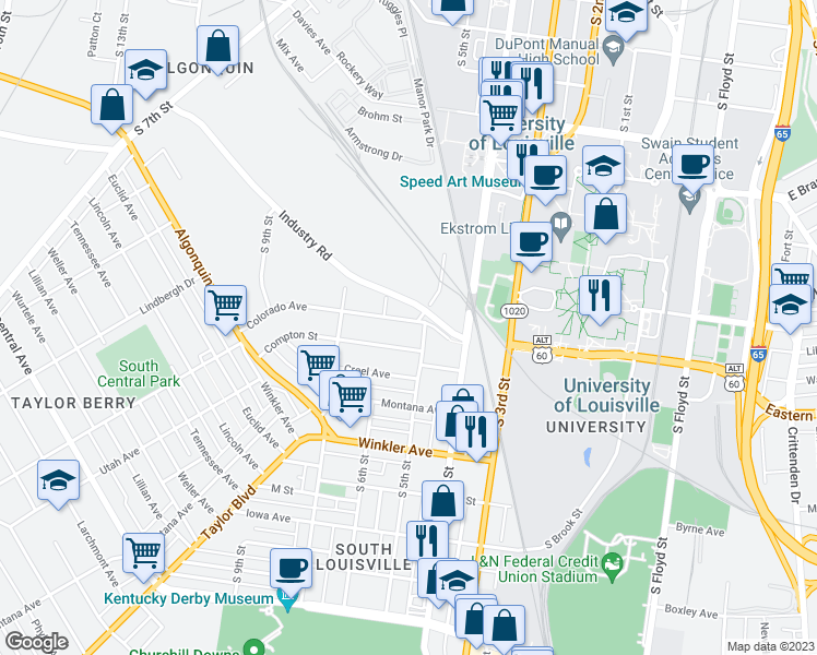 map of restaurants, bars, coffee shops, grocery stores, and more near 510 Colorado Avenue in Louisville