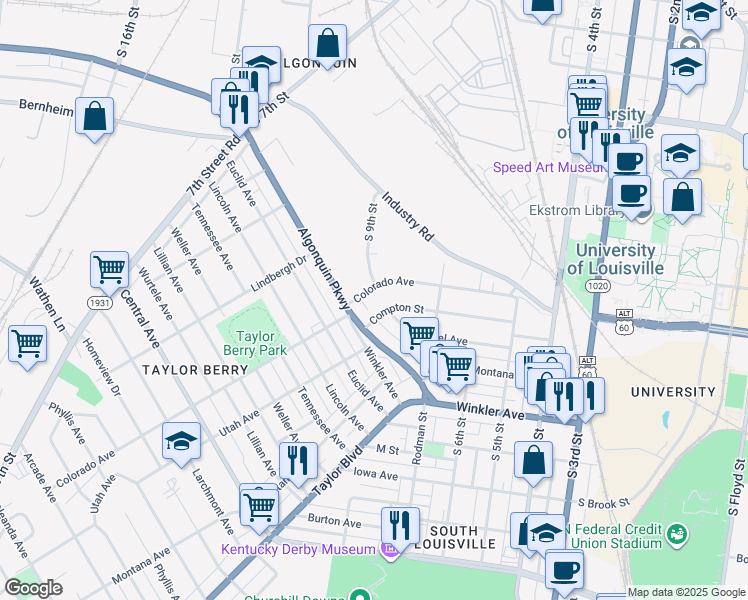 map of restaurants, bars, coffee shops, grocery stores, and more near in Louisville