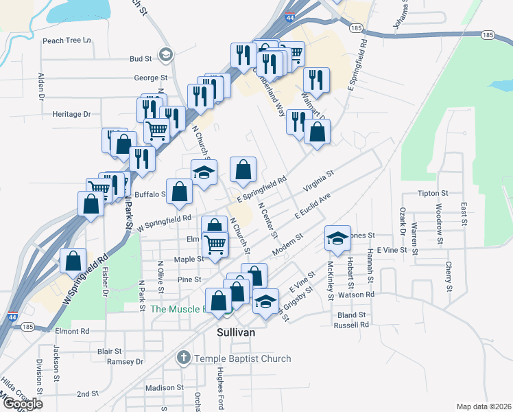 map of restaurants, bars, coffee shops, grocery stores, and more near 303 North Center Street in Sullivan