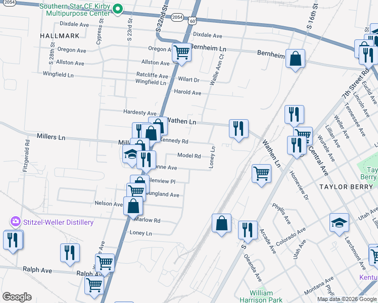 map of restaurants, bars, coffee shops, grocery stores, and more near 1716 Model Road in Louisville