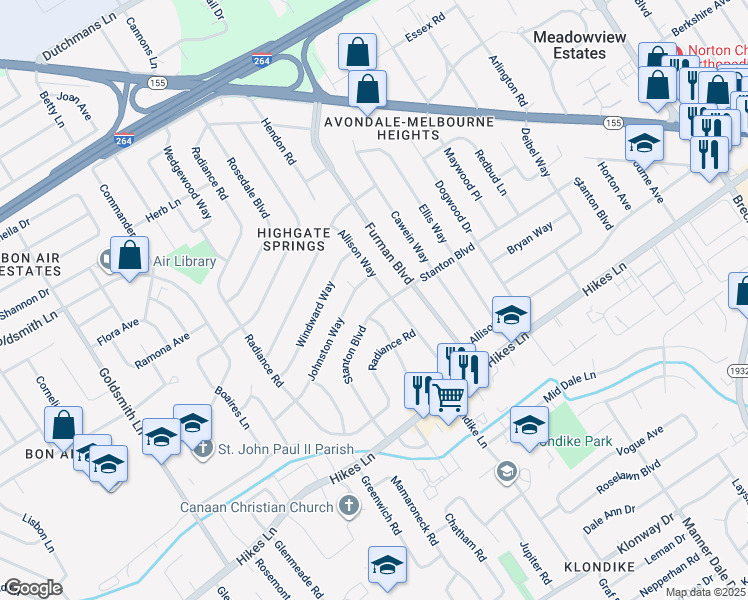 map of restaurants, bars, coffee shops, grocery stores, and more near 3647 Stanton Boulevard in Louisville