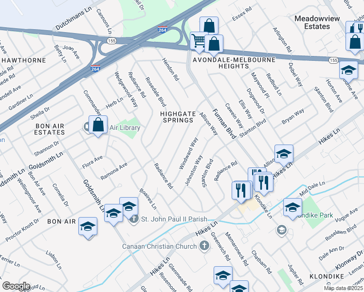 map of restaurants, bars, coffee shops, grocery stores, and more near 3622 Kelly Way in Louisville