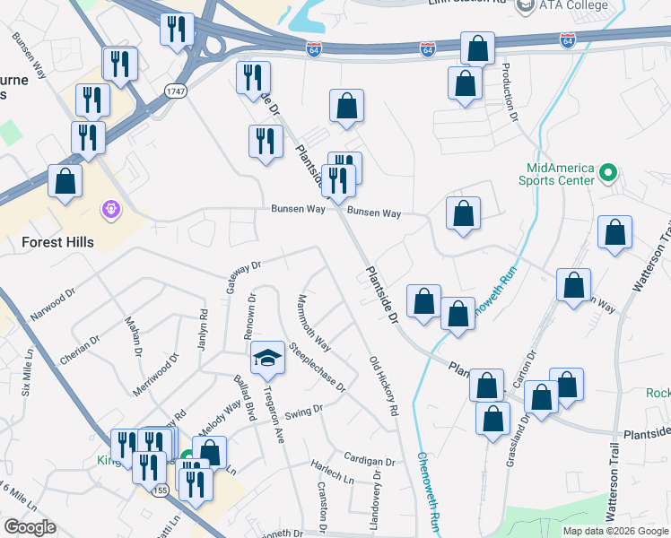 map of restaurants, bars, coffee shops, grocery stores, and more near 2115 Old Hickory Road in Jeffersontown