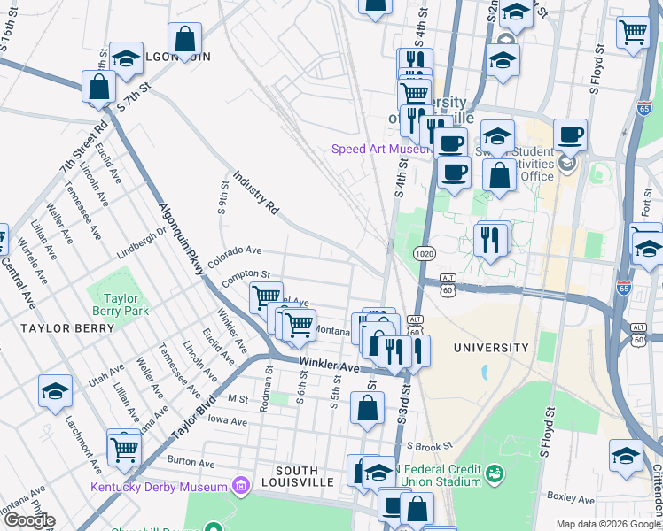 map of restaurants, bars, coffee shops, grocery stores, and more near 517 Compton Street in Louisville