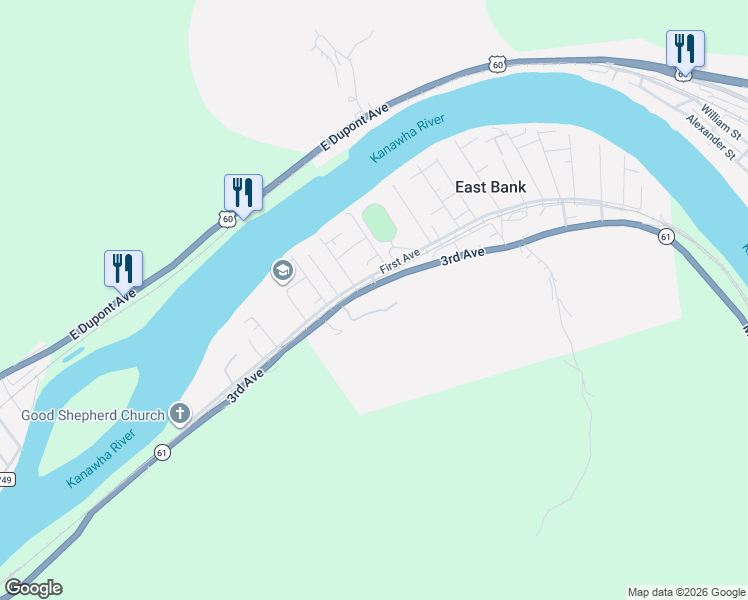 map of restaurants, bars, coffee shops, grocery stores, and more near My Mountain Road in East Bank
