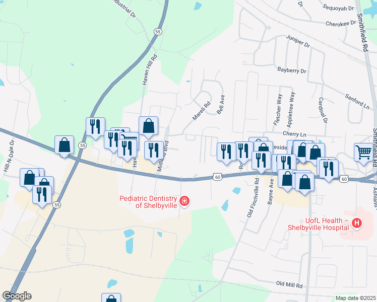 map of restaurants, bars, coffee shops, grocery stores, and more near 148 Allen Drive in Shelbyville