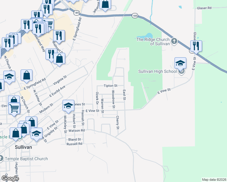 map of restaurants, bars, coffee shops, grocery stores, and more near 160 Woodrow Street in Sullivan