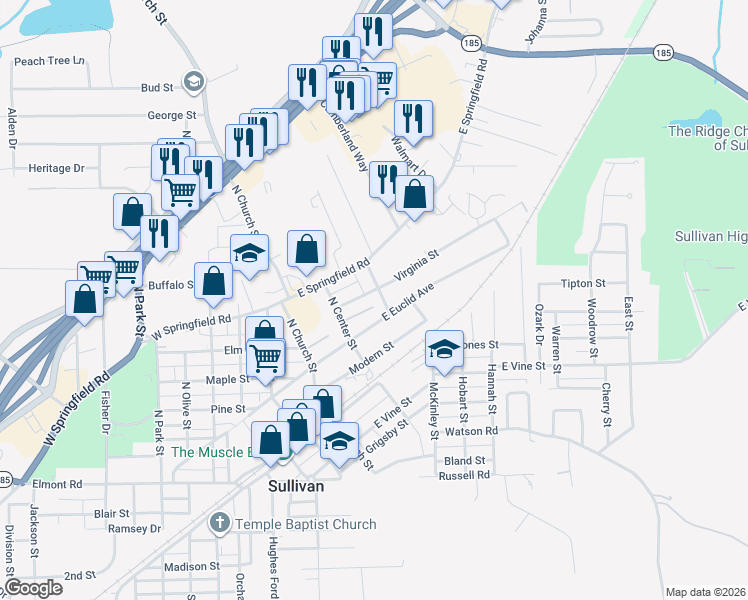map of restaurants, bars, coffee shops, grocery stores, and more near 163 East Euclid Avenue in Sullivan