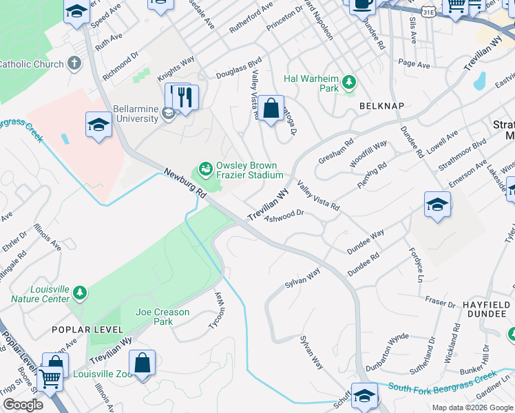 map of restaurants, bars, coffee shops, grocery stores, and more near 1608 Trevilian Way in Louisville