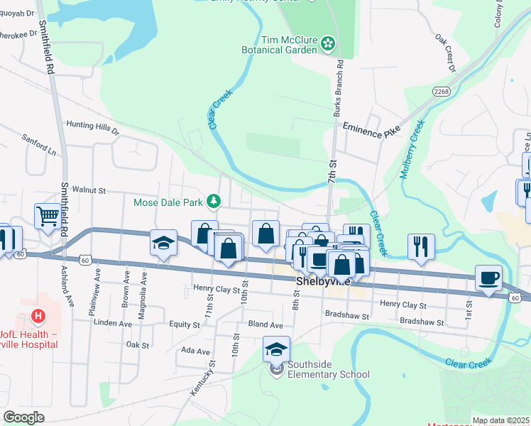 map of restaurants, bars, coffee shops, grocery stores, and more near 116 Berea Street in Shelbyville