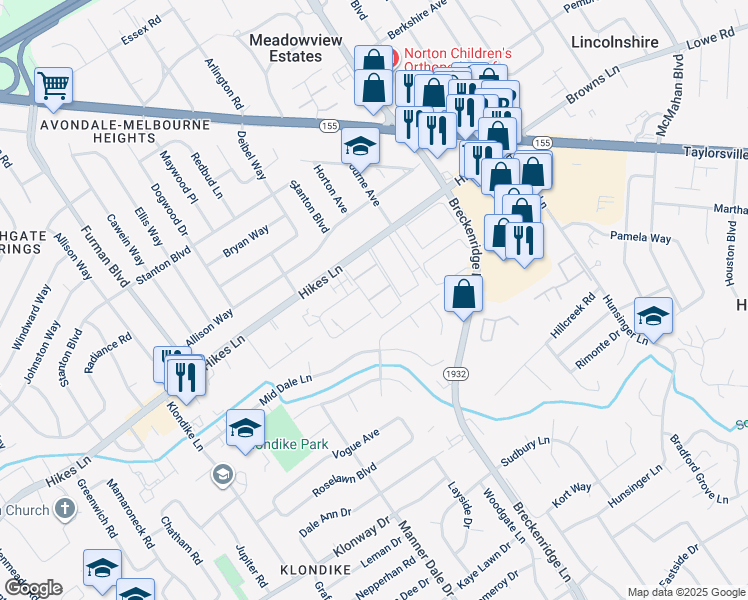 map of restaurants, bars, coffee shops, grocery stores, and more near 3245 Orchard Manor Circle in Louisville