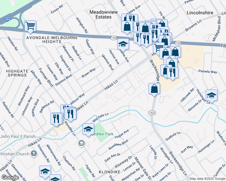 map of restaurants, bars, coffee shops, grocery stores, and more near 3209 Orchard Manor Circle in Louisville