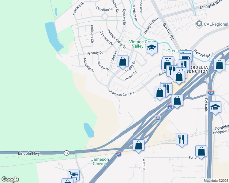 map of restaurants, bars, coffee shops, grocery stores, and more near 5321 Gather Way in Fairfield