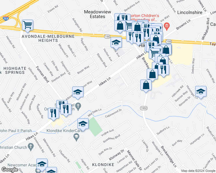 map of restaurants, bars, coffee shops, grocery stores, and more near 3204 Orchard Manor Circle in Louisville