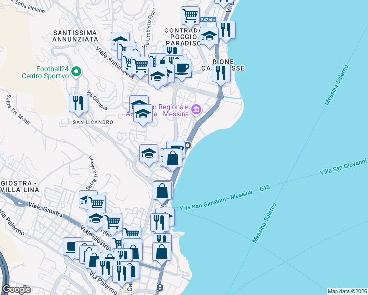 map of restaurants, bars, coffee shops, grocery stores, and more near 343 Viale della Libertà in Messina