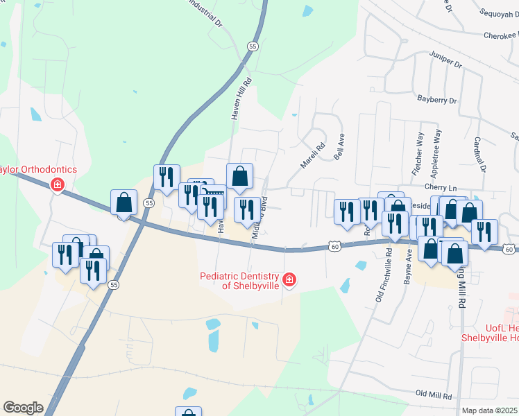 map of restaurants, bars, coffee shops, grocery stores, and more near 409 Midland Boulevard in Shelbyville