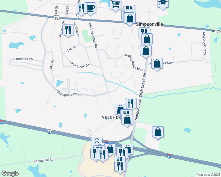 map of restaurants, bars, coffee shops, grocery stores, and more near 1350 Evergreen Way in Simpsonville