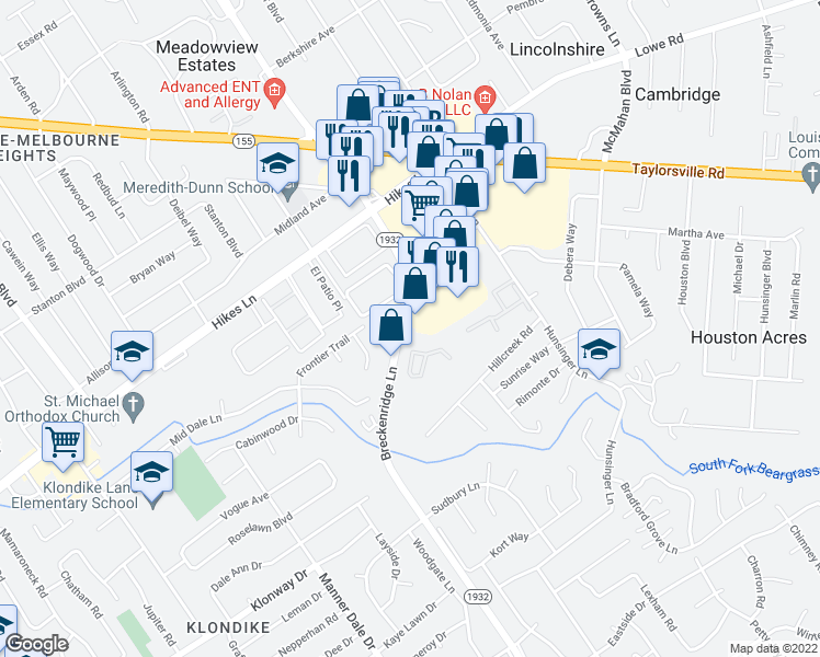 map of restaurants, bars, coffee shops, grocery stores, and more near 3105 Churchill Place in Louisville