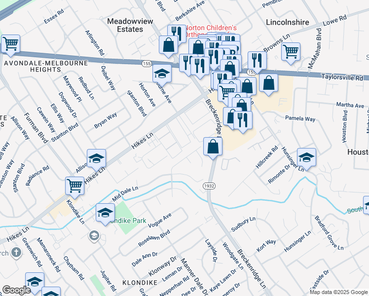 map of restaurants, bars, coffee shops, grocery stores, and more near 3317 Frontier Trail in Louisville
