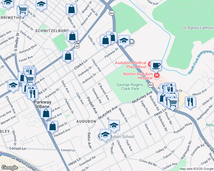 map of restaurants, bars, coffee shops, grocery stores, and more near 2501 Filson Avenue in Louisville