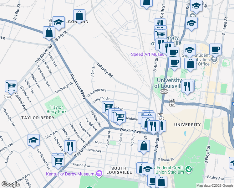 map of restaurants, bars, coffee shops, grocery stores, and more near 615 Compton Street in Louisville