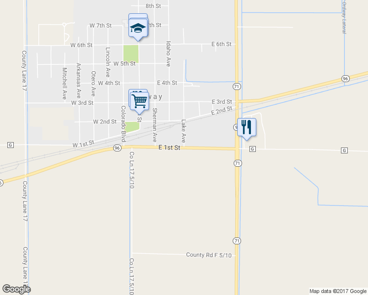 map of restaurants, bars, coffee shops, grocery stores, and more near 401 East 1st Street in Ordway