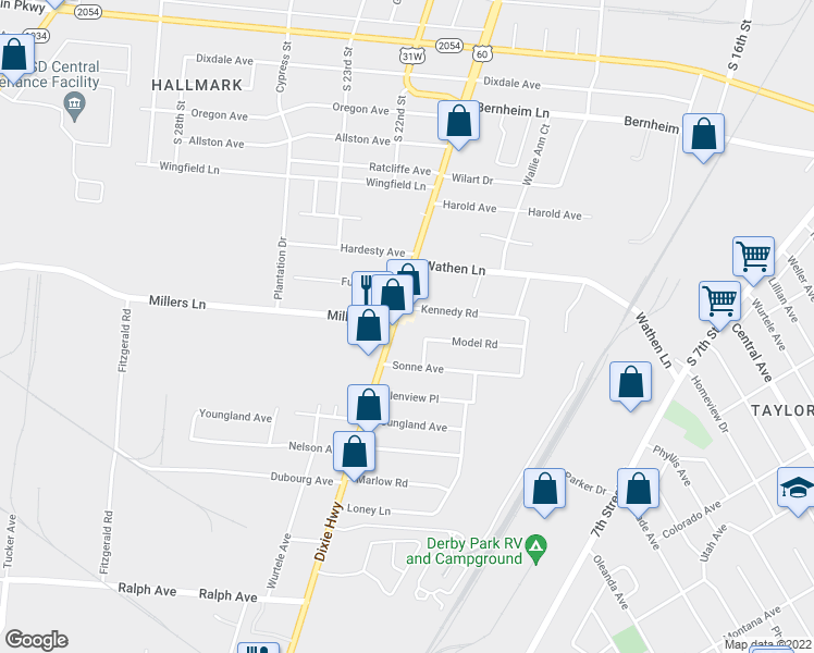 map of restaurants, bars, coffee shops, grocery stores, and more near 2503 Dixie Highway in Louisville
