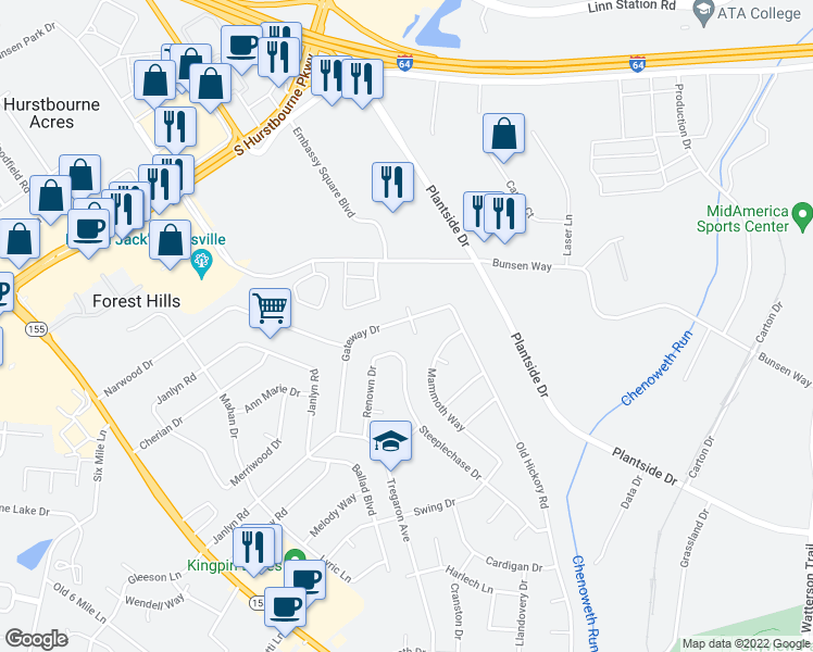 map of restaurants, bars, coffee shops, grocery stores, and more near 2106 Gateway Court in Jeffersontown
