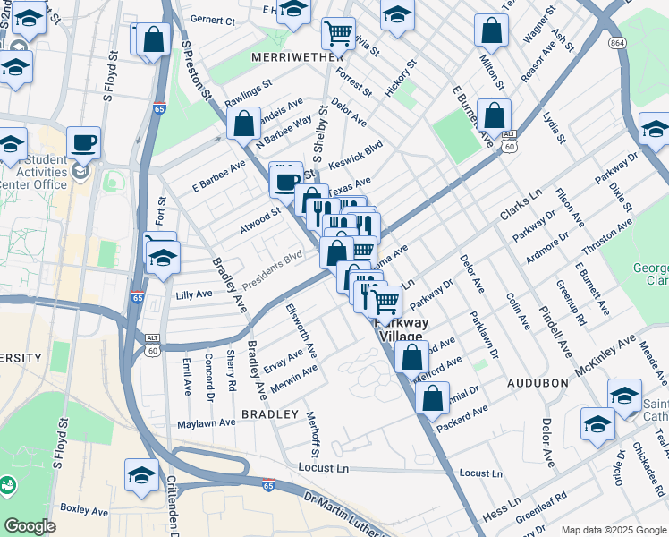 map of restaurants, bars, coffee shops, grocery stores, and more near Eastern Pkwy & S Preston St in Louisville