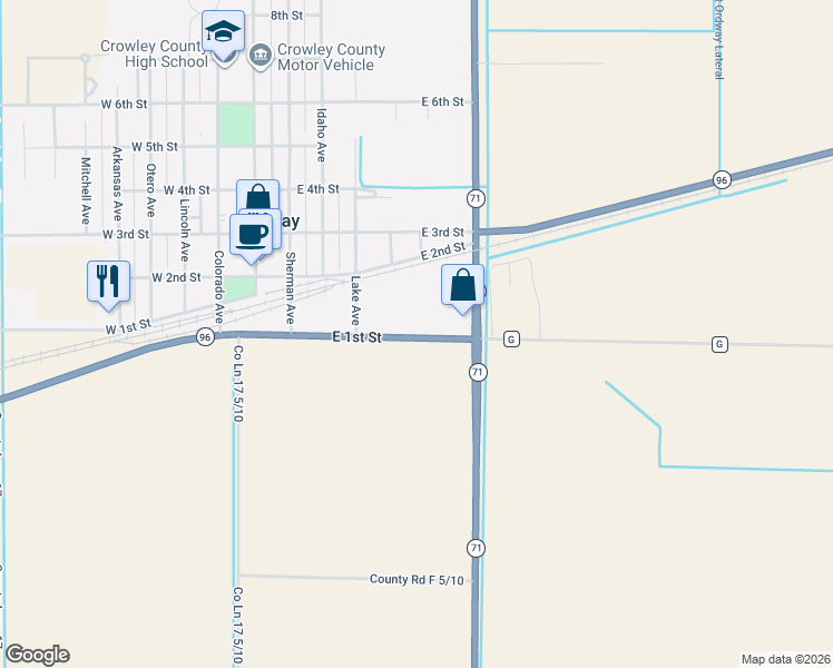 map of restaurants, bars, coffee shops, grocery stores, and more near 401-699 East 1st Street in Ordway
