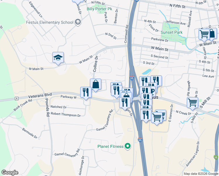 map of restaurants, bars, coffee shops, grocery stores, and more near 1315 Veterans Boulevard in Festus