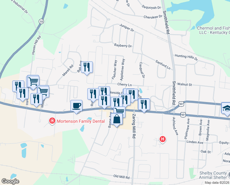 map of restaurants, bars, coffee shops, grocery stores, and more near 1717 Lakeside Drive in Shelbyville