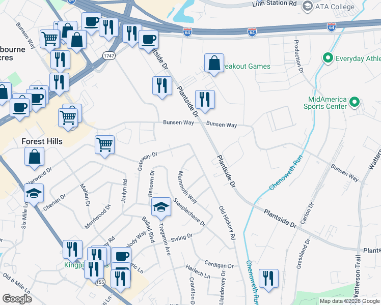 map of restaurants, bars, coffee shops, grocery stores, and more near 2107 Mammoth Way in Jeffersontown