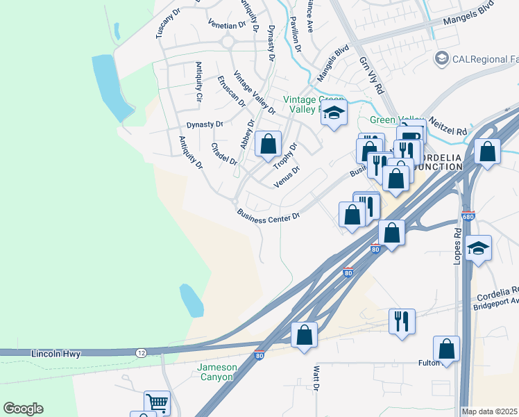 map of restaurants, bars, coffee shops, grocery stores, and more near 550 Gather Court in Fairfield
